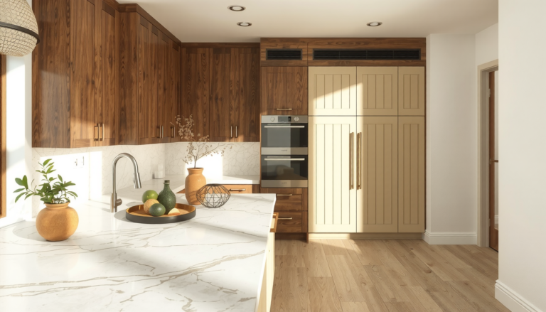 Taj Mahal Quartzite with Wood Cabinets: A Timeless and Warm Kitchen Design