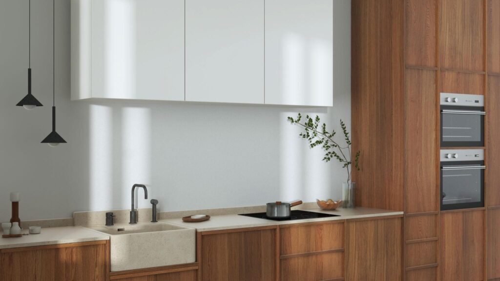Flat-panel natural wood kitchen cabinets with simple lines and a matte finish