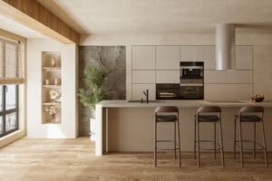 Wabi sabi kitchen cabinets with natural wood, matte surfaces, and a calm minimalist layout