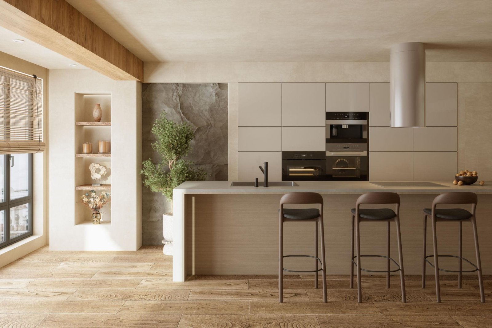 Wabi sabi kitchen cabinets with natural wood, matte surfaces, and a calm minimalist layout