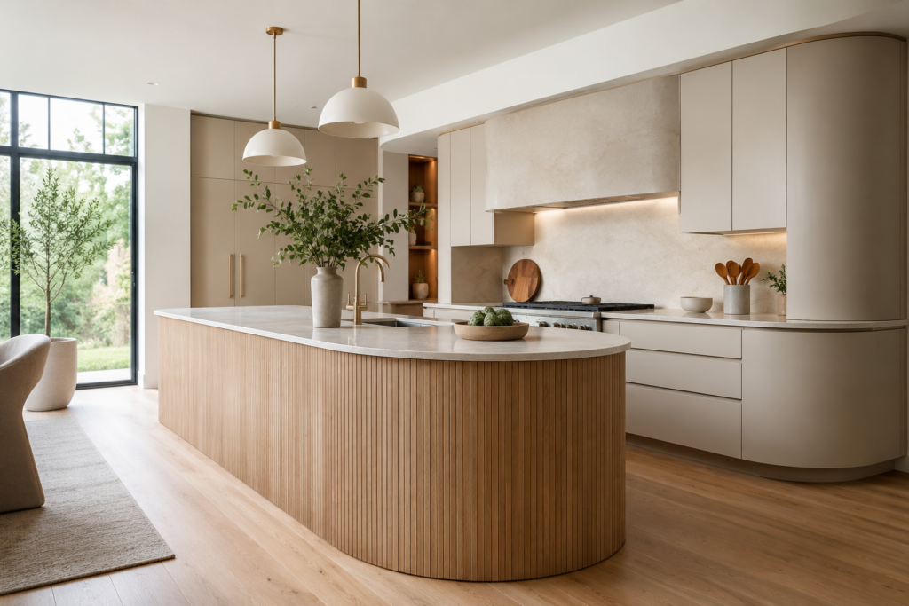 Modern curved cabinet design in a contemporary kitchen with a rounded island and soft neutral finishes