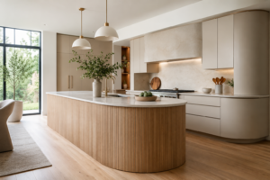 Modern curved cabinet design in a contemporary kitchen with a rounded island and soft neutral finishes