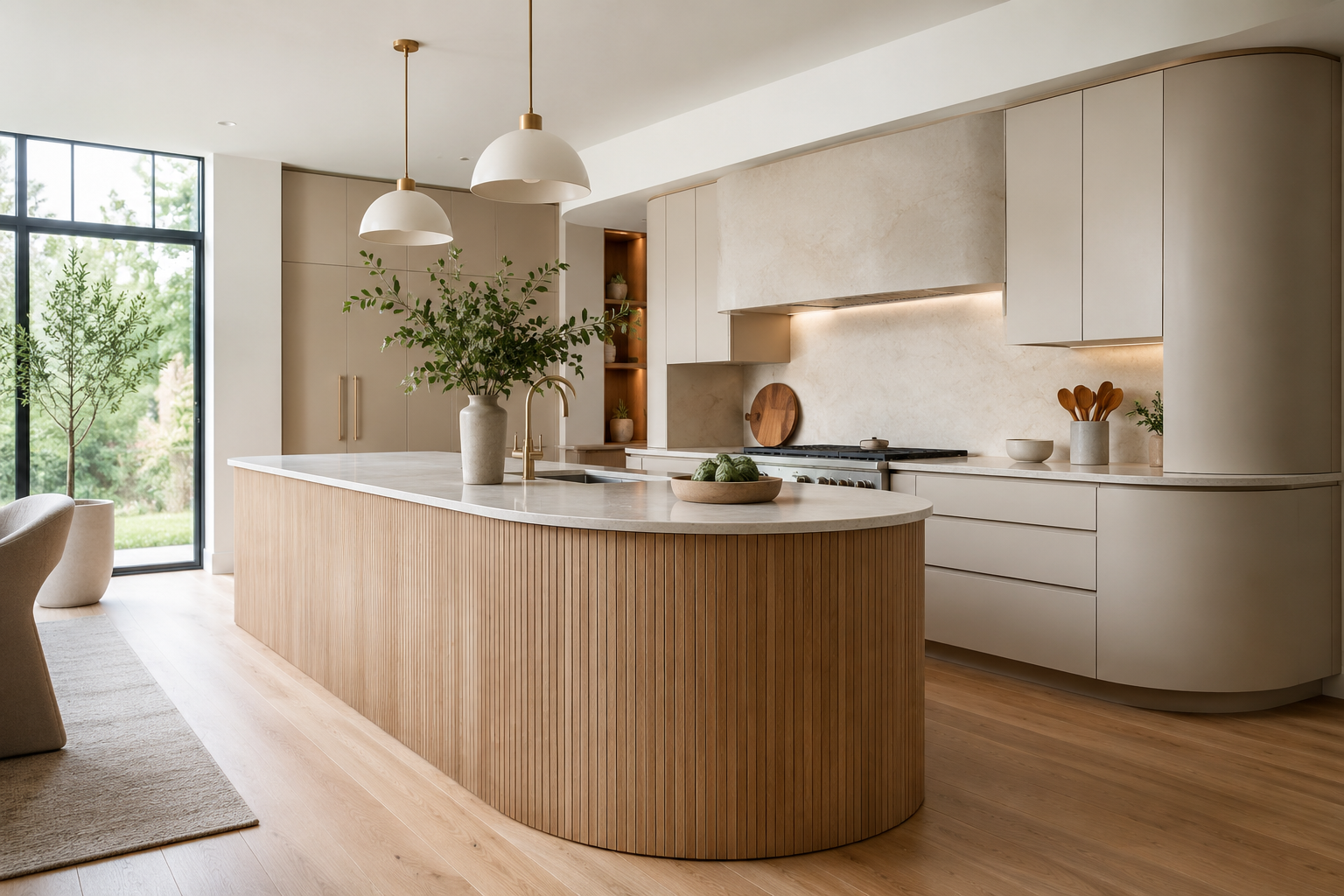 Modern curved cabinet design in a contemporary kitchen with a rounded island and soft neutral finishes