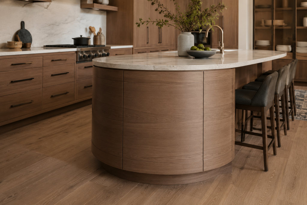 urved kitchen island with wood cabinetry and a stone countertop in a warm modern kitchen