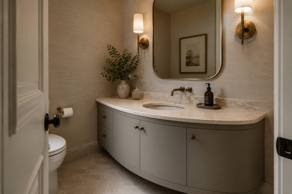 Curved bathroom vanity cabinet with a rounded front and stone countertop in a compact powder room