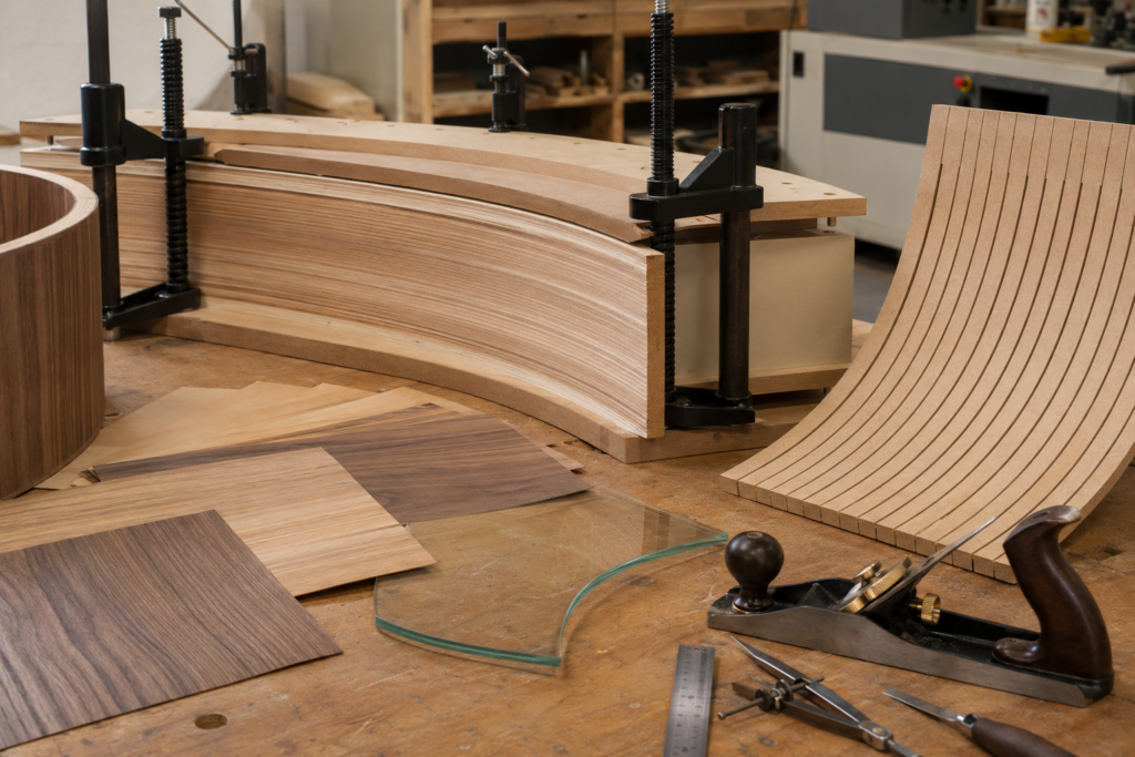 Curved cabinet construction process showing laminated wood, kerf bending panels, veneer samples, and workshop tools