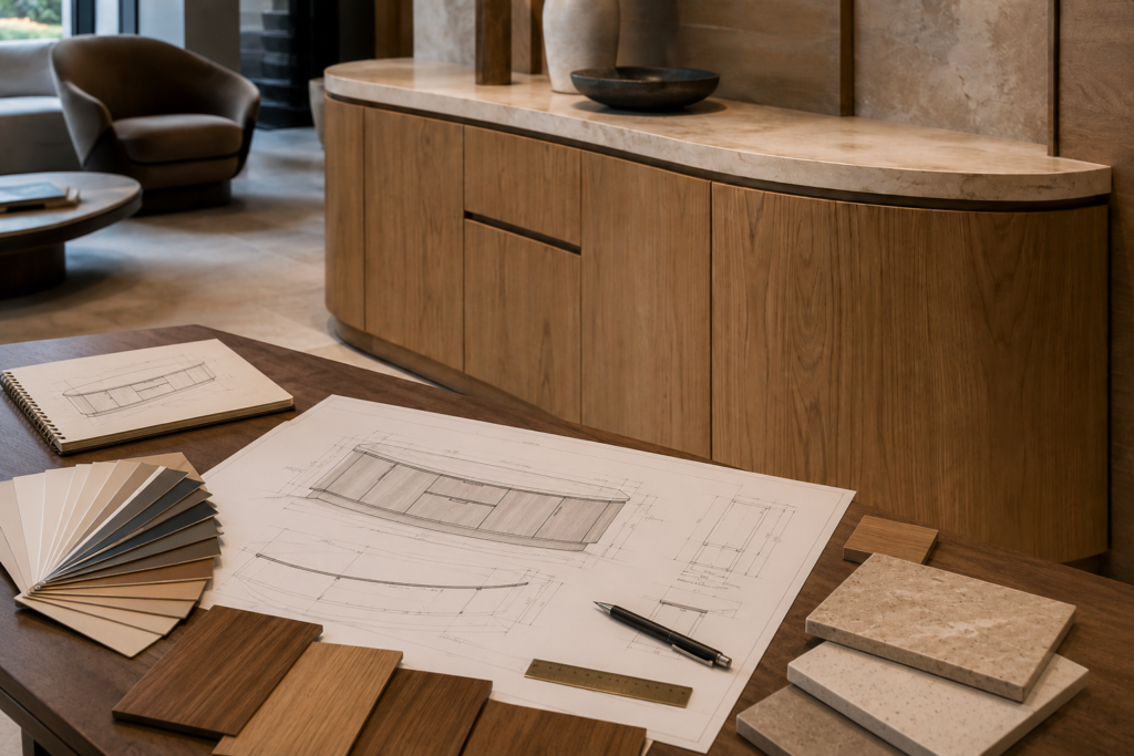 Livranger custom curved cabinet design with wood finishes, material samples, and cabinet drawings