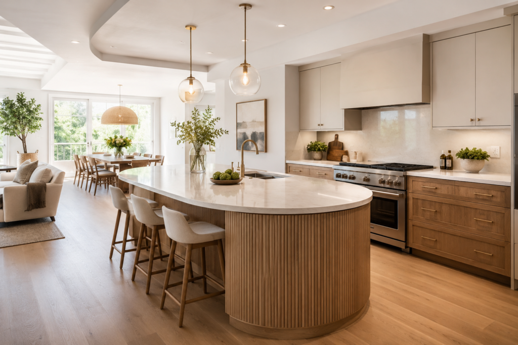 Curved kitchen cabinets with a rounded island end in a modern open-plan home