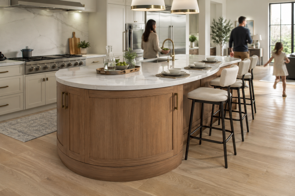 Rounded kitchen island end designed for easier movement around a busy kitchen