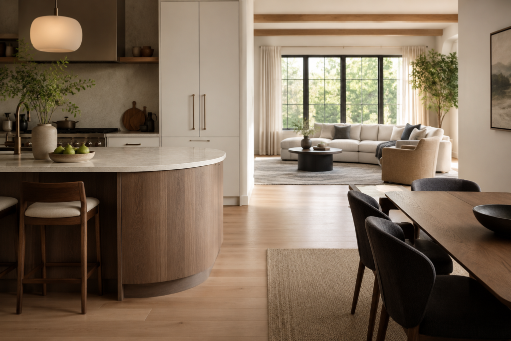 Curved cabinet end panel connecting an open kitchen with the living and dining area