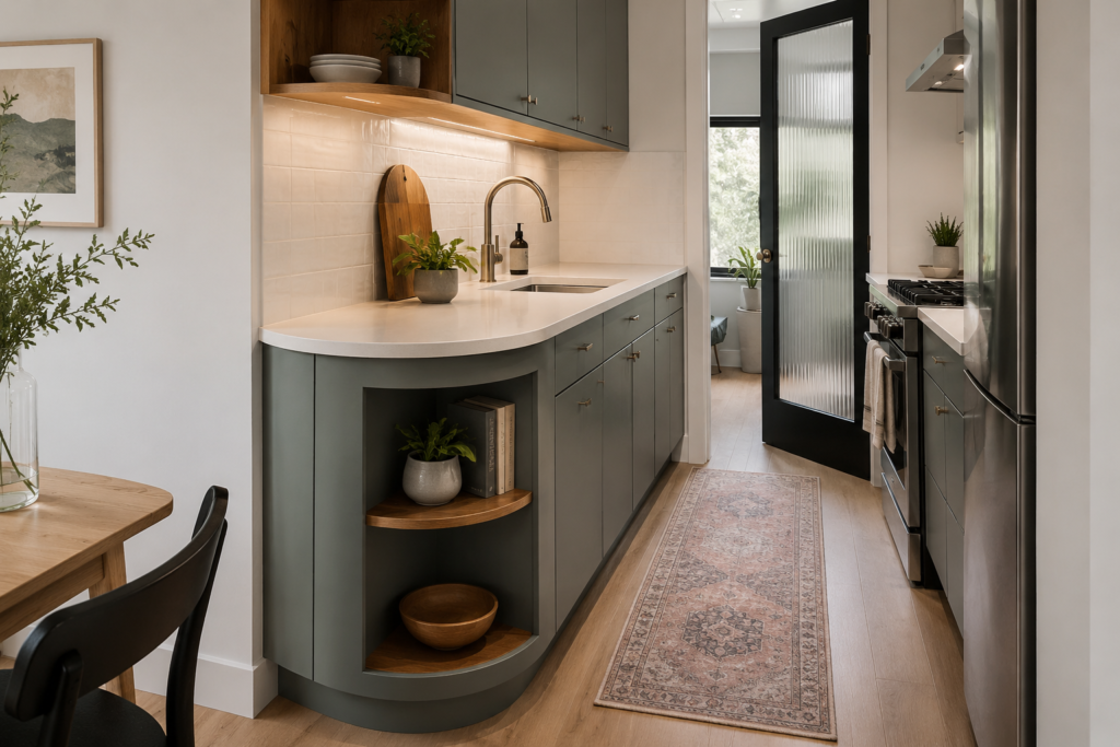 Small kitchen with a curved peninsula end to soften a narrow walkway