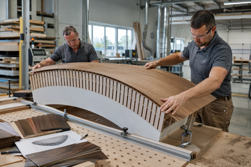 Craftsmen making a curved wood cabinet panel in a custom cabinetry workshop