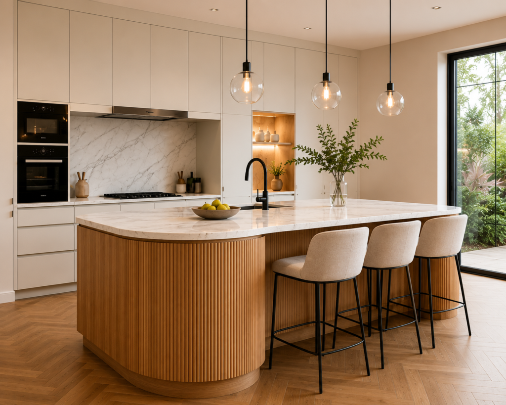 Curved kitchen island with flat wall cabinets in a modern kitchen