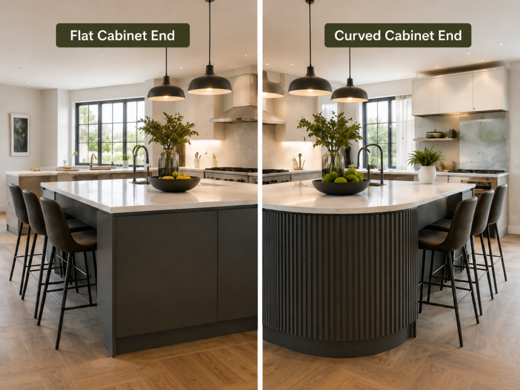 Kitchen island combining a flat cabinet end with a curved fluted corner