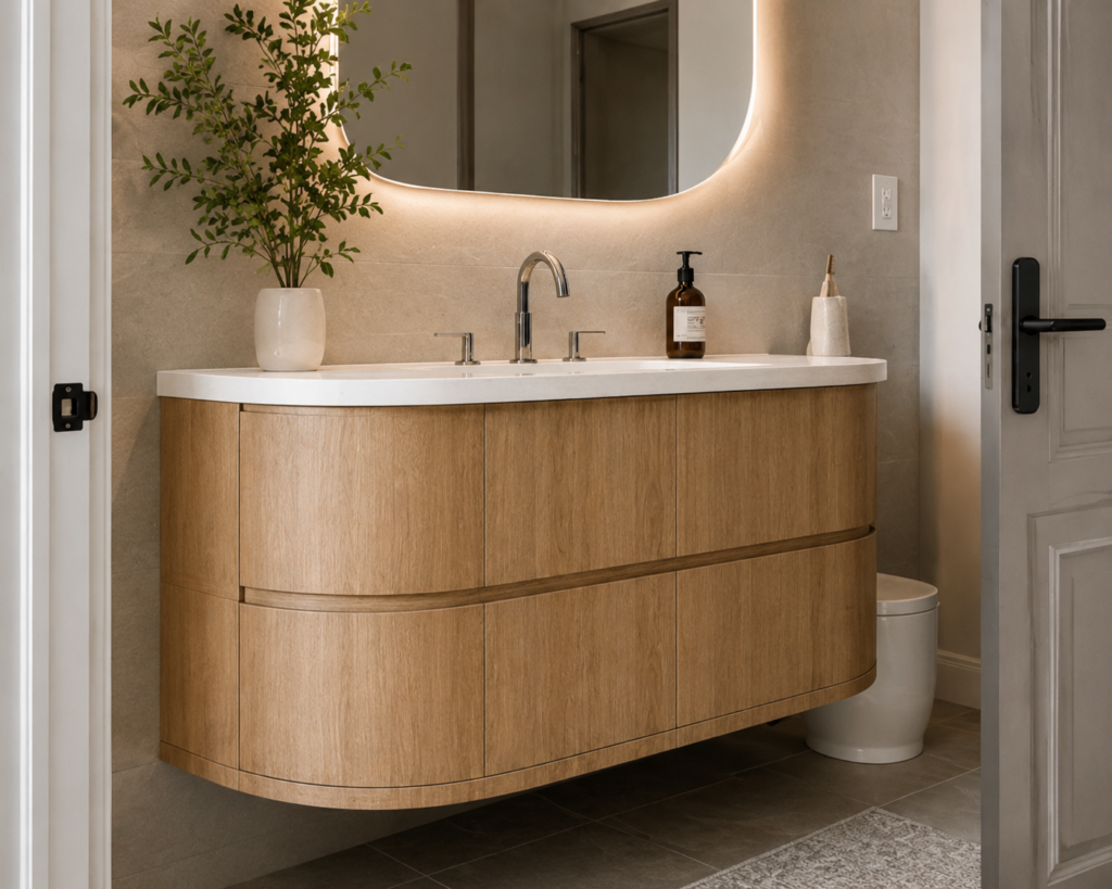 Wall-mounted curved wood bathroom vanity with rounded corners