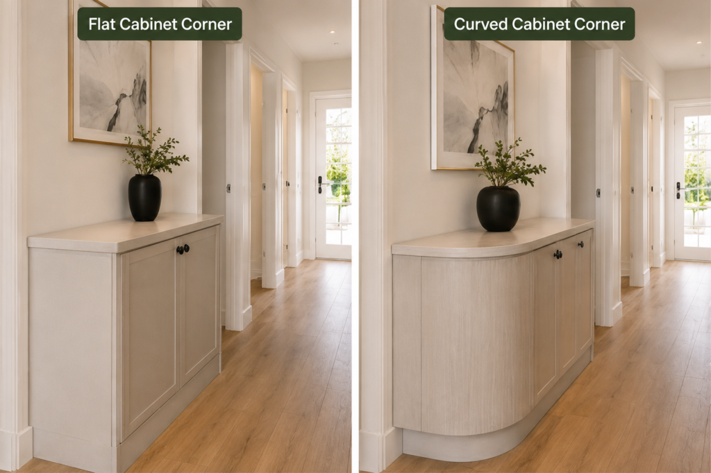 Flat and curved hallway cabinets compared in a narrow passage