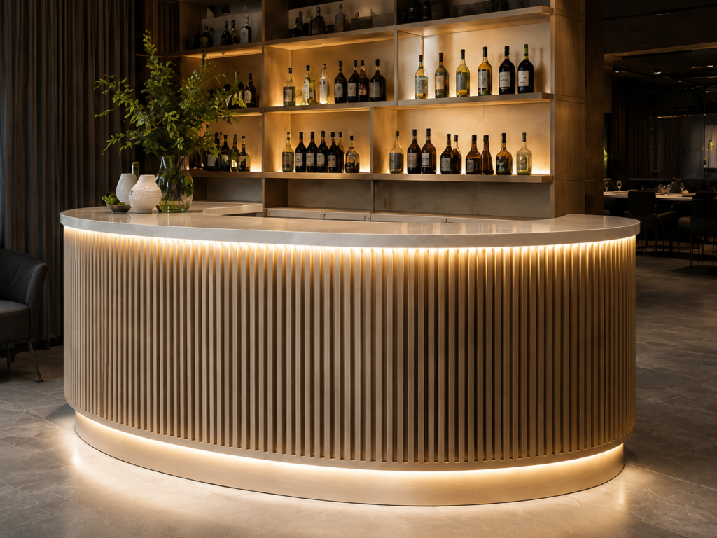 Curved fluted wood bar counter with integrated ambient lighting
