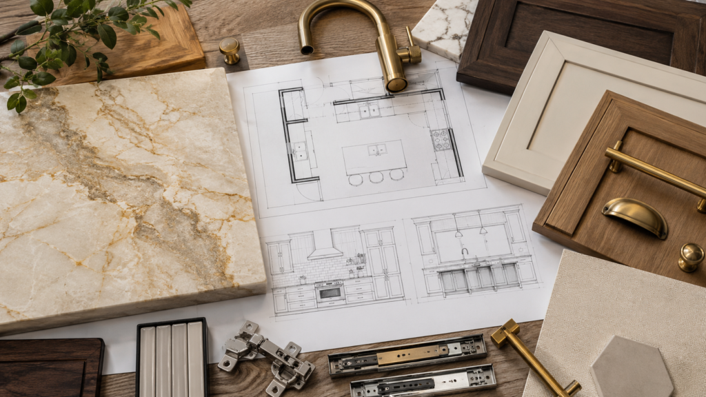 Kitchen planning board with Taj Mahal quartzite sample, cabinet drawings, cabinet door samples, hinges, drawer slides, faucet, and brass hardware
