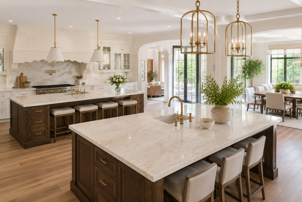 Large luxury kitchen with two Taj Mahal quartzite islands for cooking and entertaining