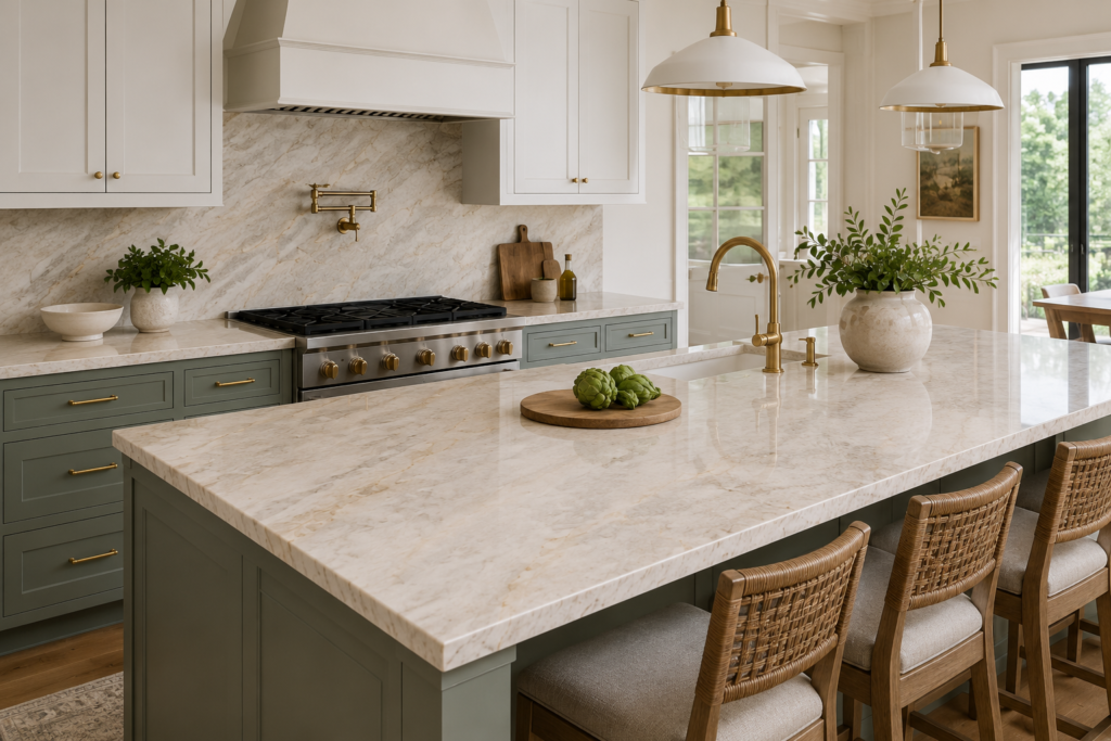 Medium-sized kitchen with two-tone cabinets and a Taj Mahal quartzite island with seating