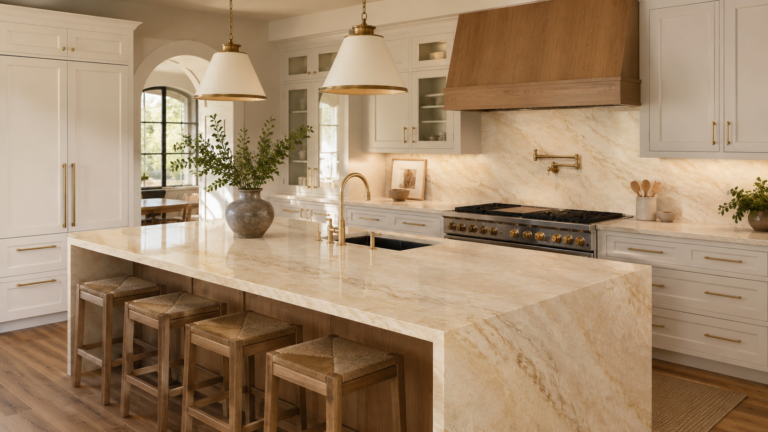 Taj Mahal quartzite countertops in a warm white kitchen with brass hardware and wood accents