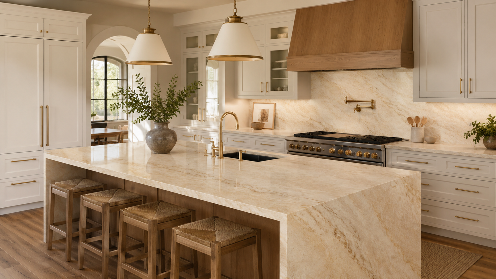 Taj Mahal quartzite countertops in a warm white kitchen with brass hardware and wood accents