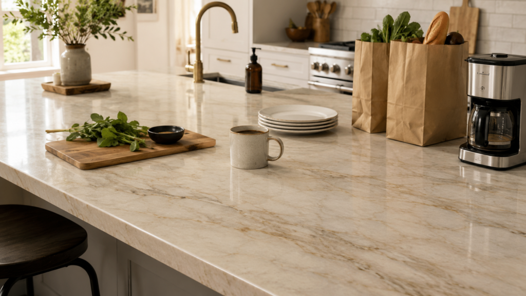 Taj Mahal quartzite kitchen island with coffee mug, plates, groceries, and everyday countertop items