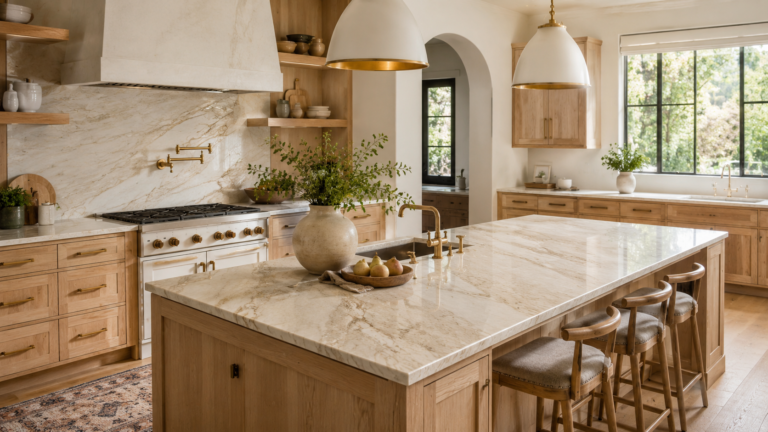 Taj Mahal quartzite kitchen countertops with white oak cabinets and warm brass hardware