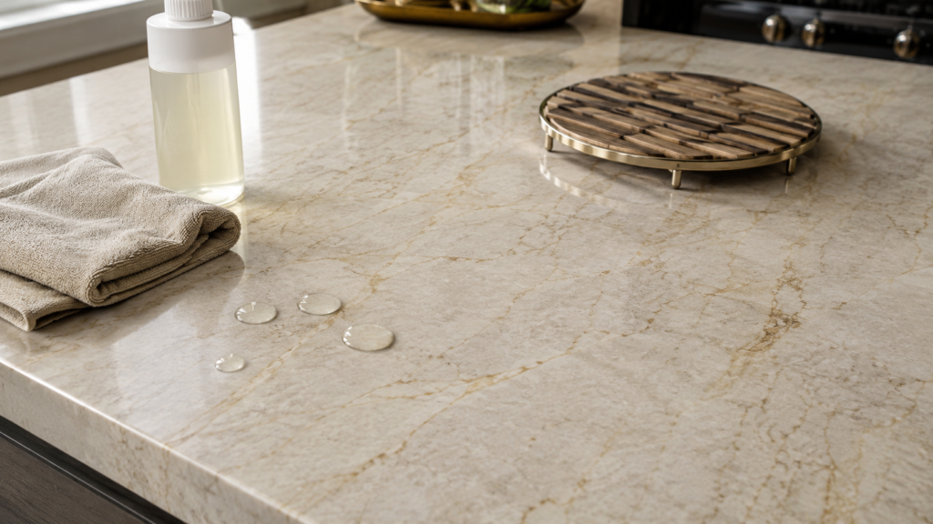 Water test on Taj Mahal quartzite countertop with stone cleaner, soft cloth, and trivet for daily care