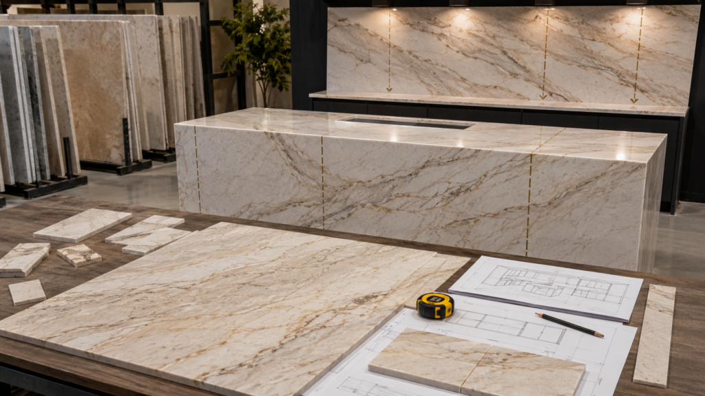 Taj Mahal quartzite slab layout for kitchen island waterfall edge and backsplash design