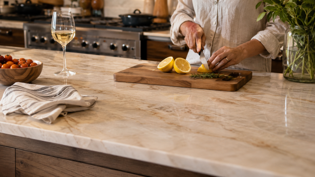 Taj Mahal quartzite countertop used in a busy kitchen as a practical alternative to marble