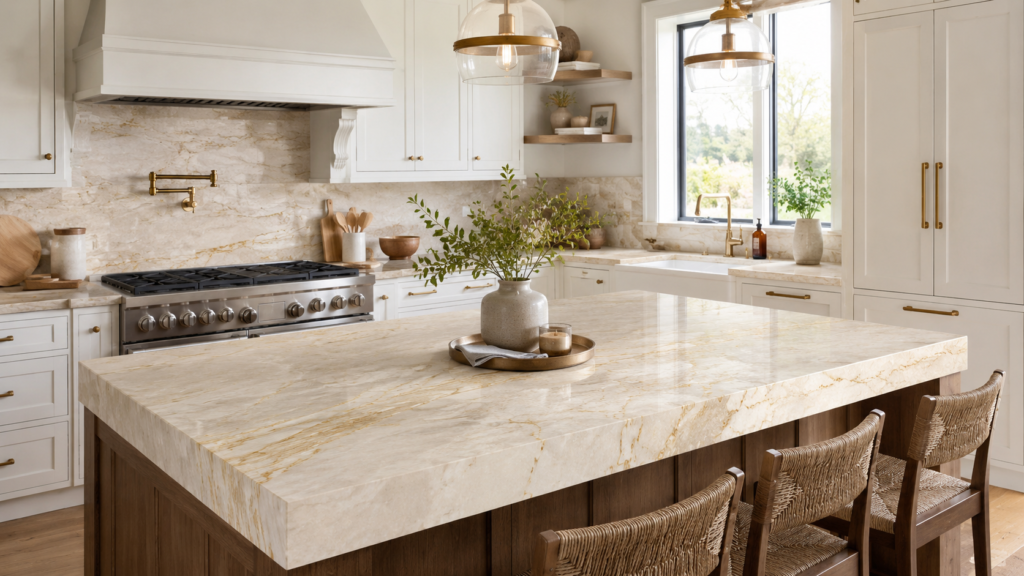 Warm Taj Mahal quartzite countertop paired with white cabinets, wood details, and brass hardware